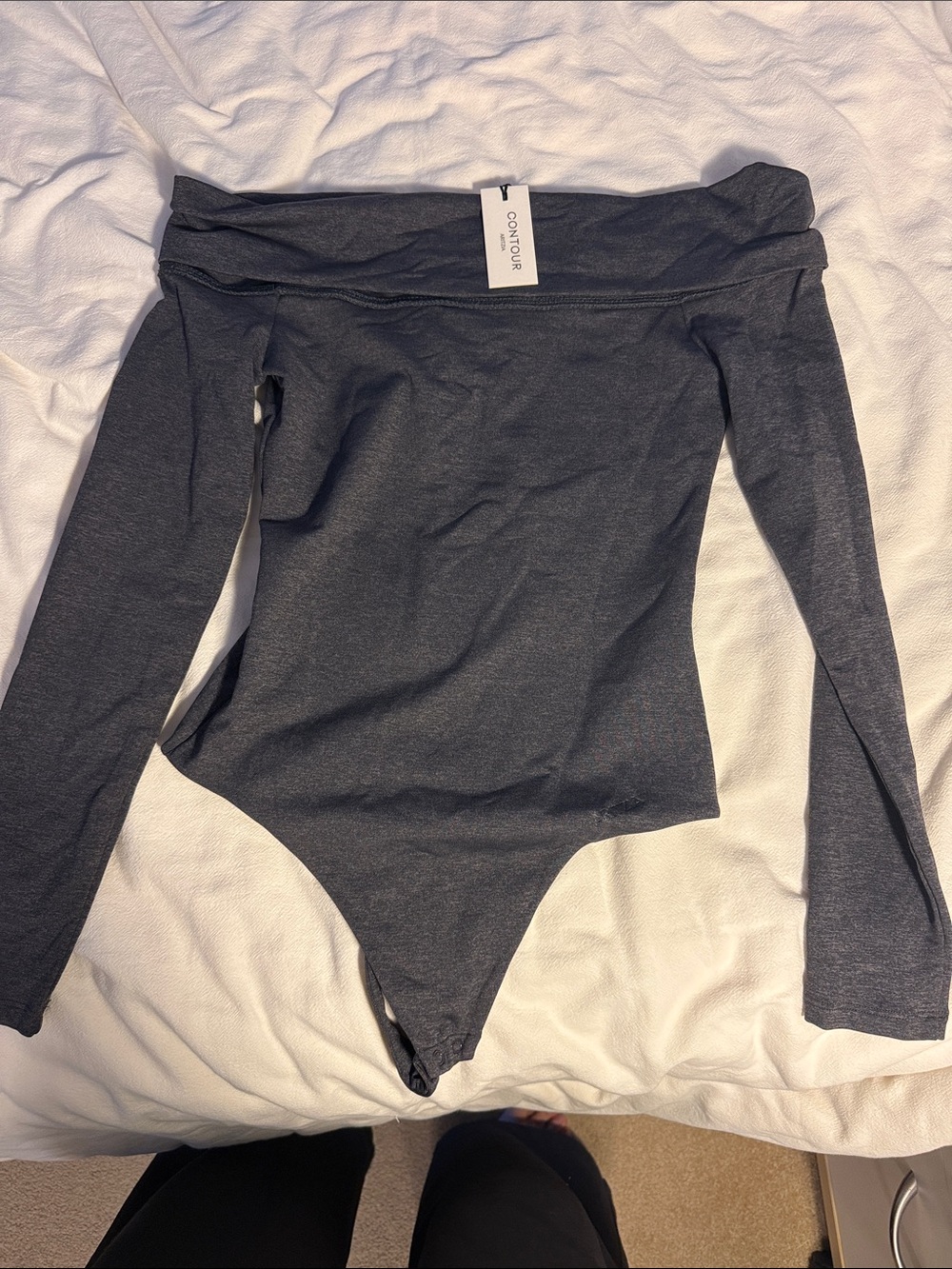 Aritzia Contour Off-Shoulder Long Sleeve Bodysuit in Charcoal Gray